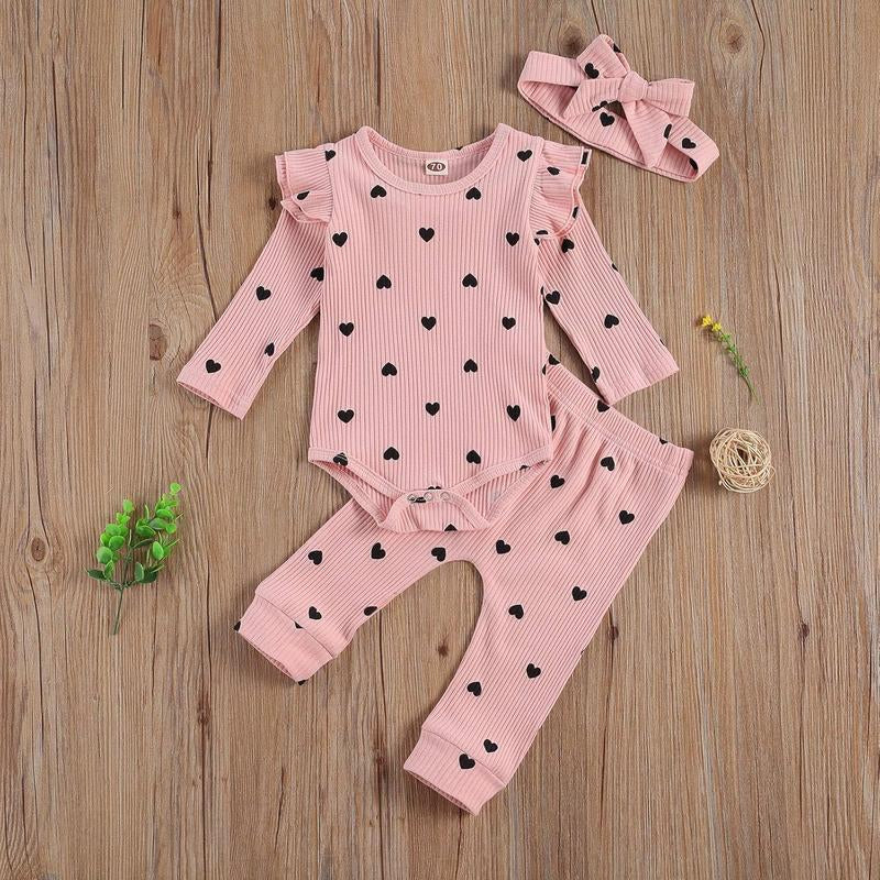 0-24M Newborn Baby Girl Cute Heart Print Crew Neck Ruffle Long Sleeve Romper + Long Pants Headband Set 3Pcs Infant Spring Fall Winter Clothes Outfits