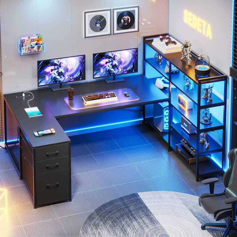 SEDETA 64.5 Inch LED L-Shaped Gaming Desk with Storage,L-Shaped Computer Desk with Storage ,Wooden Top Space-Saving Corner Desk W/Metal Frame, Large Computer Gaming PC Desk, Writing Table Study Desk for Bedroom, Study, Office Monitor Arm Adjustable