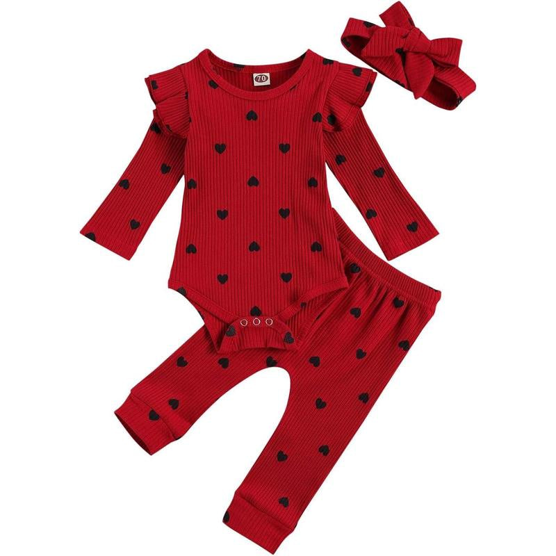 0-24M Newborn Baby Girl Cute Heart Print Crew Neck Ruffle Long Sleeve Romper + Long Pants Headband Set 3Pcs Infant Spring Fall Winter Clothes Outfits