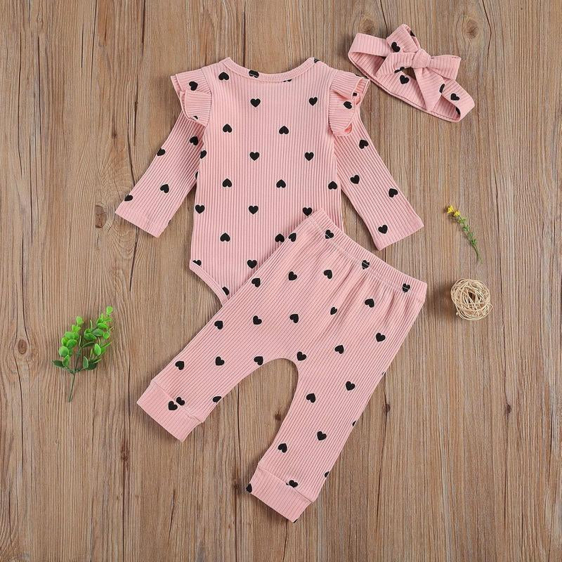 0-24M Newborn Baby Girl Cute Heart Print Crew Neck Ruffle Long Sleeve Romper + Long Pants Headband Set 3Pcs Infant Spring Fall Winter Clothes Outfits