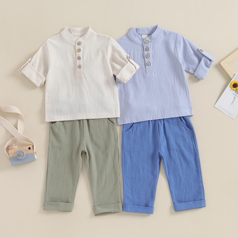 Toddler Baby Boy Clothes Cotton Linen Henley Button down Long Sleeve Shirts and Casual Pants Set Fall Spring Summer Clothing