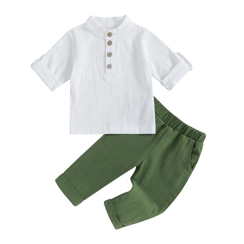 Toddler Baby Boy Clothes Cotton Linen Henley Button down Long Sleeve Shirts and Casual Pants Set Fall Spring Summer Clothing