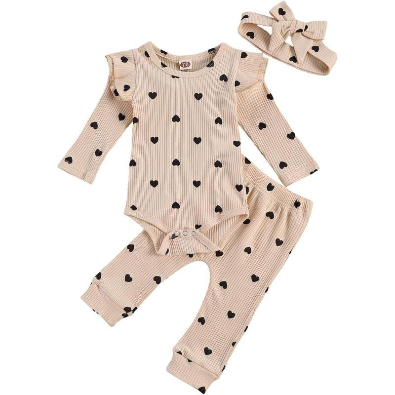 0-24M Newborn Baby Girl Cute Heart Print Crew Neck Ruffle Long Sleeve Romper + Long Pants Headband Set 3Pcs Infant Spring Fall Winter Clothes Outfits
