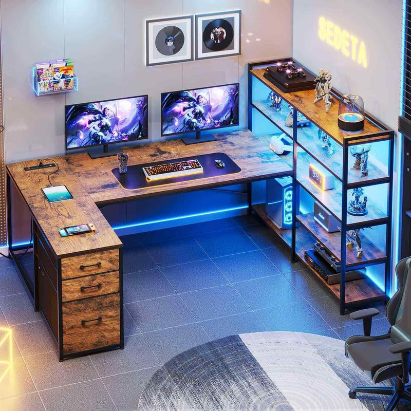 SEDETA 64.5 Inch LED L-Shaped Gaming Desk with Storage,L-Shaped Computer Desk with Storage ,Wooden Top Space-Saving Corner Desk W/Metal Frame, Large Computer Gaming PC Desk, Writing Table Study Desk for Bedroom, Study, Office Monitor Arm Adjustable