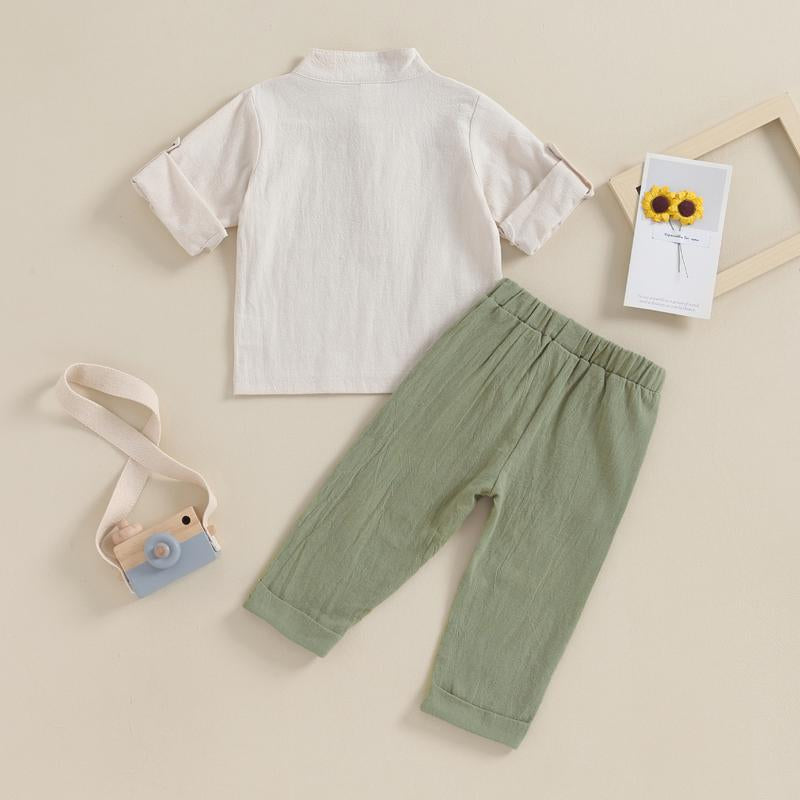 Toddler Baby Boy Clothes Cotton Linen Henley Button down Long Sleeve Shirts and Casual Pants Set Fall Spring Summer Clothing