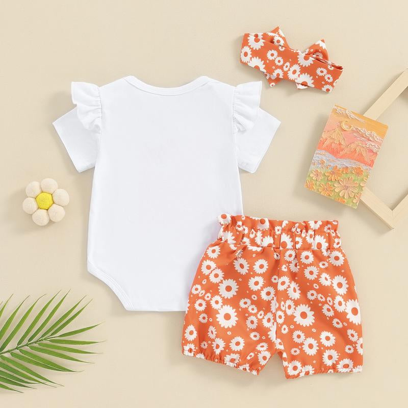 Baby Girl Summer Outfits Letter Embroidered Short Sleeve Rompers Floral Print Shorts Headband 3Pcs Clothes Set