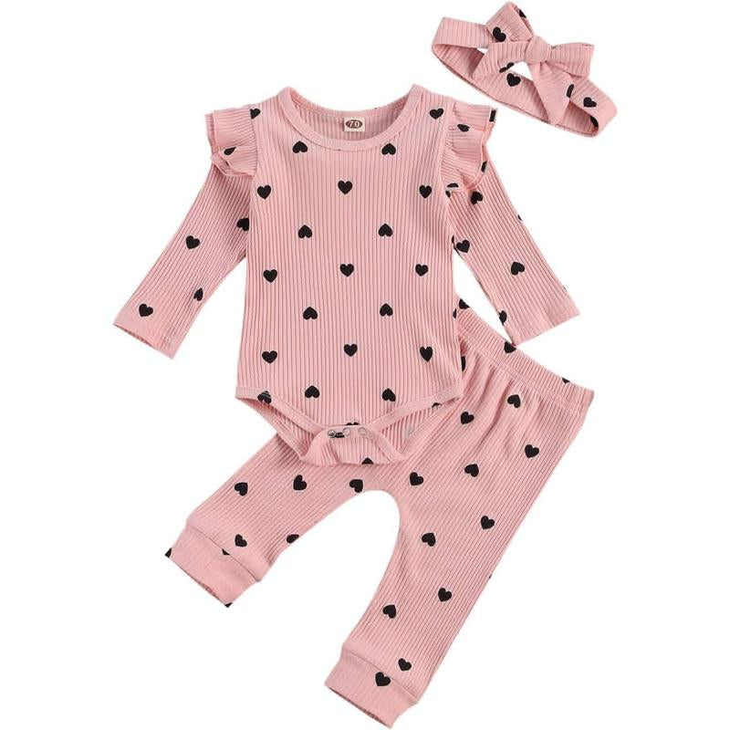 0-24M Newborn Baby Girl Cute Heart Print Crew Neck Ruffle Long Sleeve Romper + Long Pants Headband Set 3Pcs Infant Spring Fall Winter Clothes Outfits