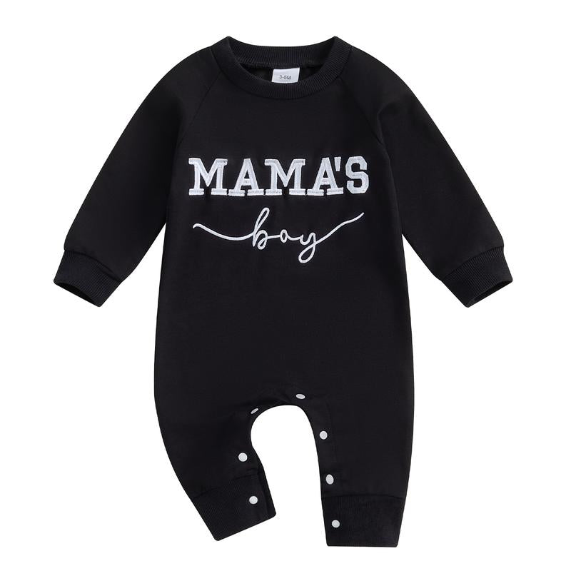 Baby Boy Fall Outfit Newborn Jumpsuit Infant Mama'S Boy Long Sleeve Crewneck Letter Embroidery Romper Cute Bodysuit Clothes