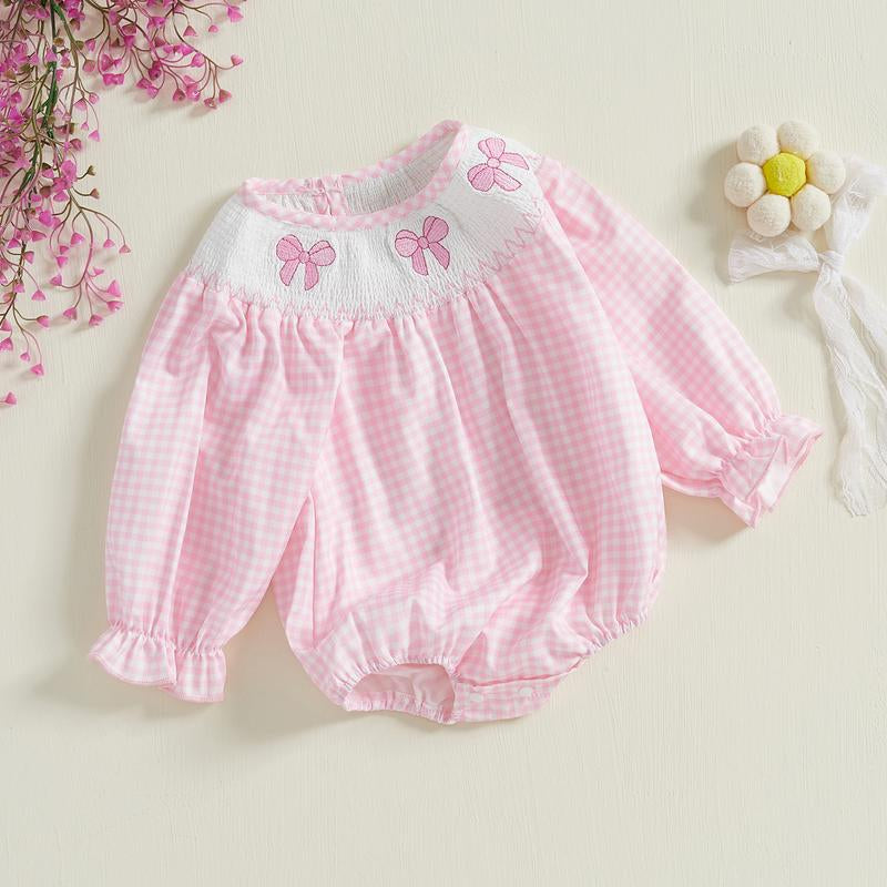 Smocked Bubble Romper Baby Girl Newborn Bow Embroidery Plaid Ruffle Long Sleeve Bodysuit Fall Clothes