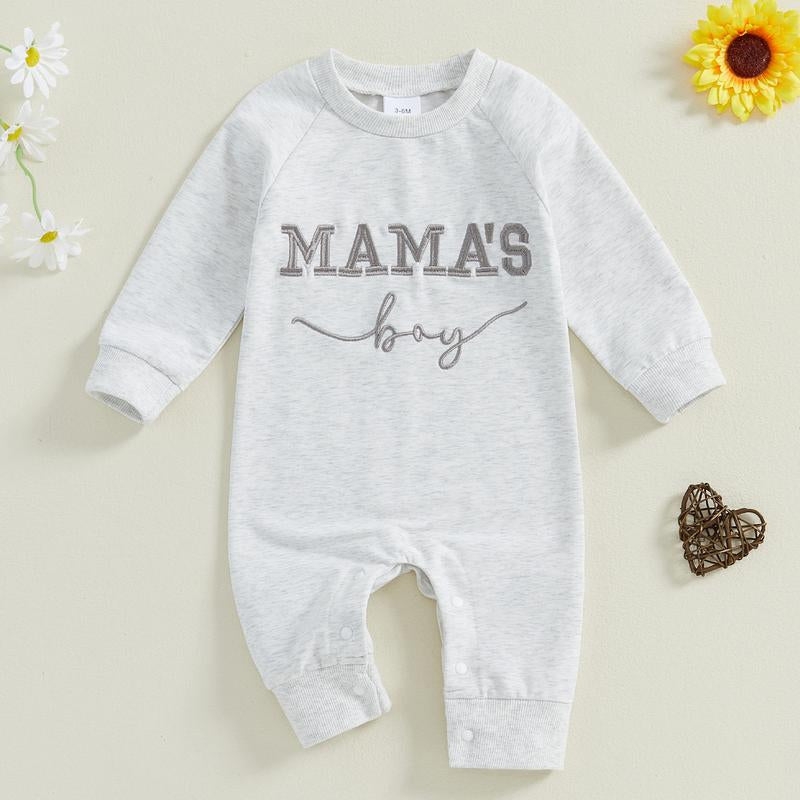 Baby Boy Fall Outfit Newborn Jumpsuit Infant Mama'S Boy Long Sleeve Crewneck Letter Embroidery Romper Cute Bodysuit Clothes
