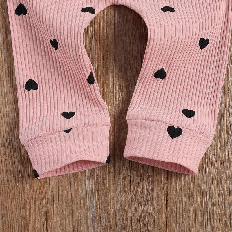 0-24M Newborn Baby Girl Cute Heart Print Crew Neck Ruffle Long Sleeve Romper + Long Pants Headband Set 3Pcs Infant Spring Fall Winter Clothes Outfits