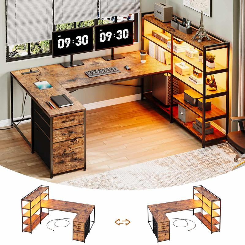 SEDETA 64.5 Inch LED L-Shaped Gaming Desk with Storage,L-Shaped Computer Desk with Storage ,Wooden Top Space-Saving Corner Desk W/Metal Frame, Large Computer Gaming PC Desk, Writing Table Study Desk for Bedroom, Study, Office Monitor Arm Adjustable