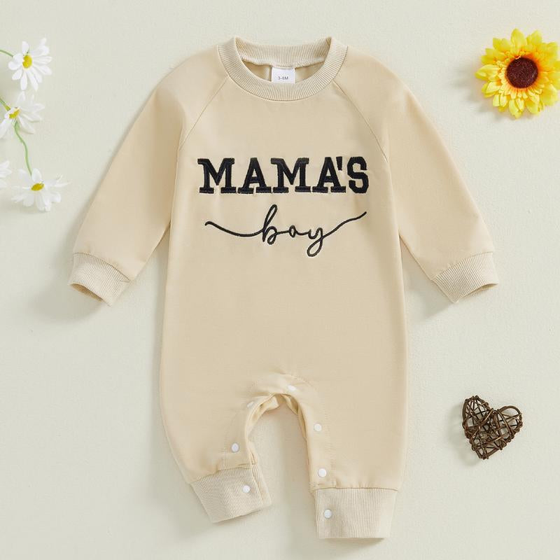 Baby Boy Fall Outfit Newborn Jumpsuit Infant Mama'S Boy Long Sleeve Crewneck Letter Embroidery Romper Cute Bodysuit Clothes