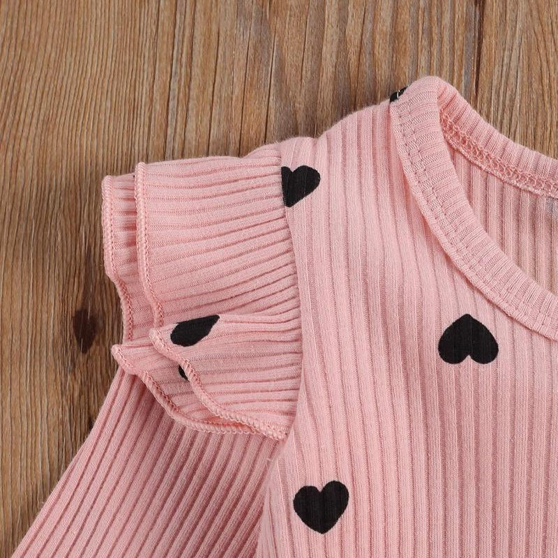 0-24M Newborn Baby Girl Cute Heart Print Crew Neck Ruffle Long Sleeve Romper + Long Pants Headband Set 3Pcs Infant Spring Fall Winter Clothes Outfits