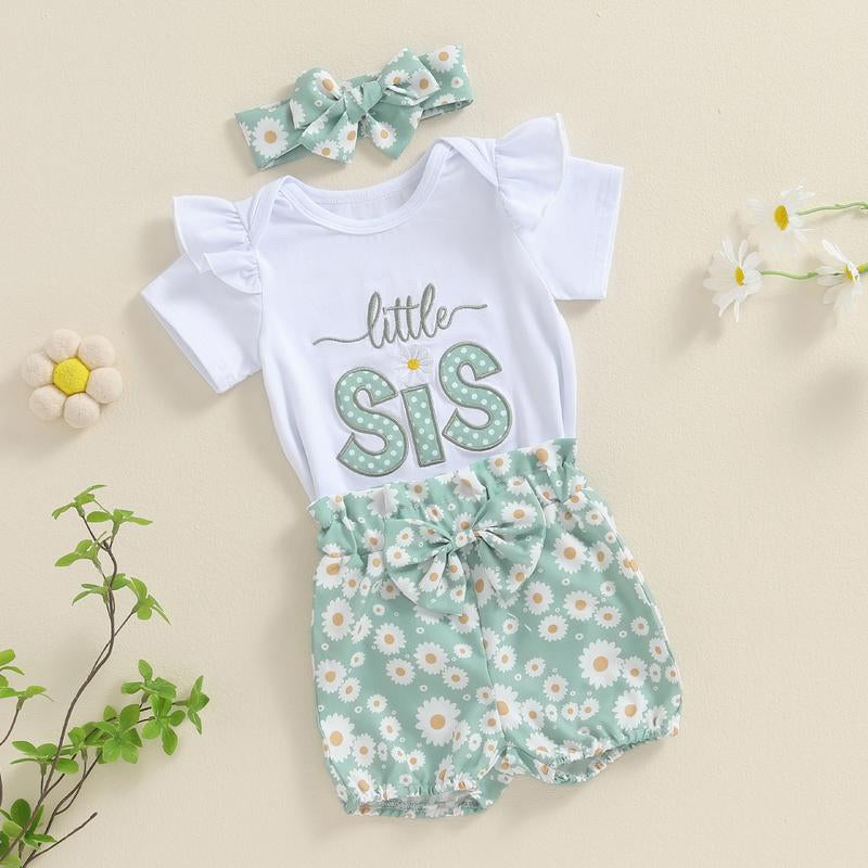 Baby Girl Summer Outfits Letter Embroidered Short Sleeve Rompers Floral Print Shorts Headband 3Pcs Clothes Set