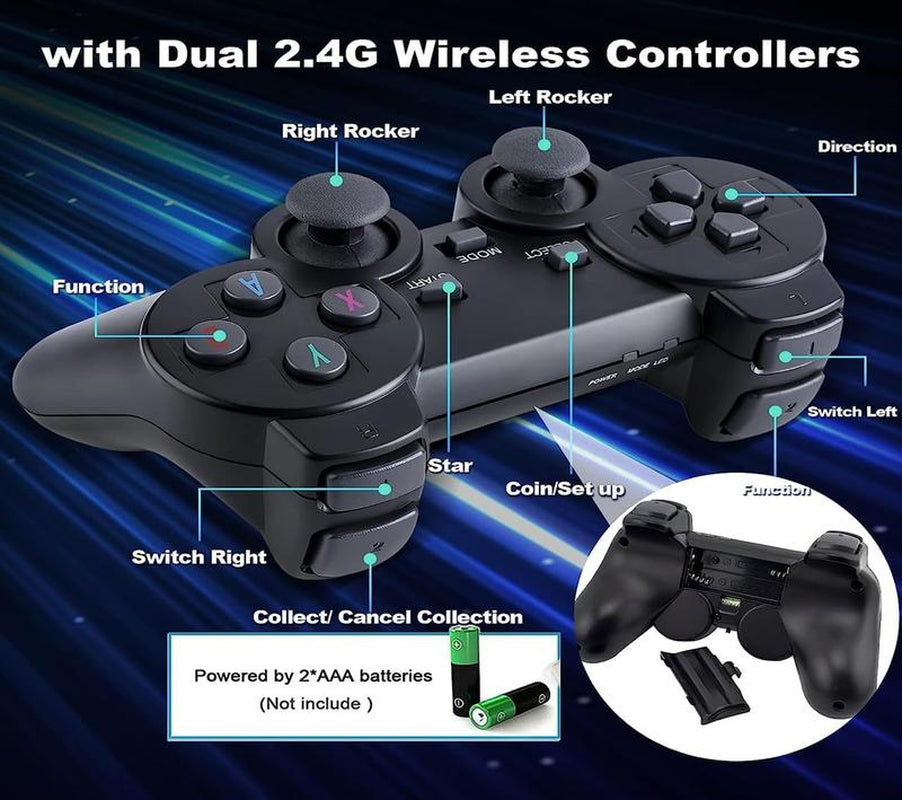 Wireless Retro Gameconsole Stick, Retro Video Gamestick Built in 2000+ Games with 9 Emulators, 4K HDMI Output with 22.4G Wireless Controllers (64GB Memory Card) Gaming Items Cable