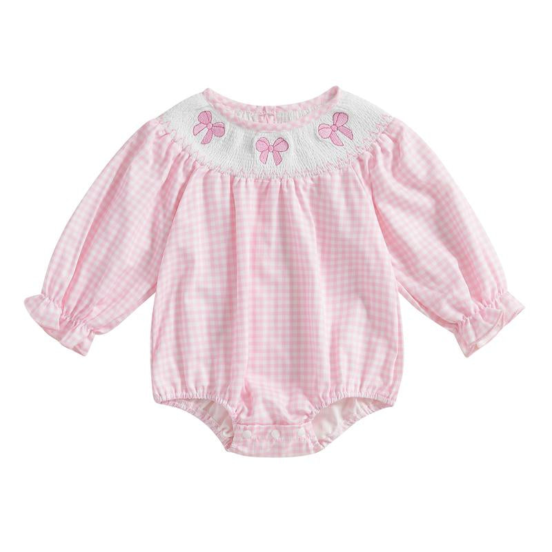 Smocked Bubble Romper Baby Girl Newborn Bow Embroidery Plaid Ruffle Long Sleeve Bodysuit Fall Clothes