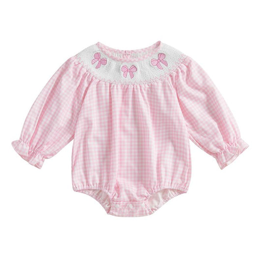 Smocked Bubble Romper Baby Girl Newborn Bow Embroidery Plaid Ruffle Long Sleeve Bodysuit Fall Clothes