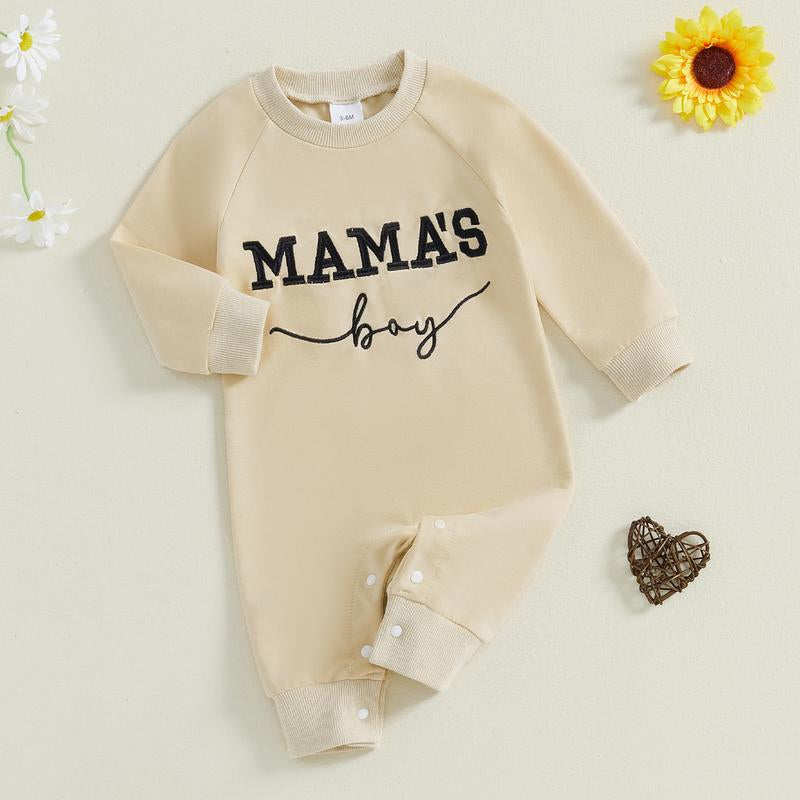 Baby Boy Fall Outfit Newborn Jumpsuit Infant Mama'S Boy Long Sleeve Crewneck Letter Embroidery Romper Cute Bodysuit Clothes