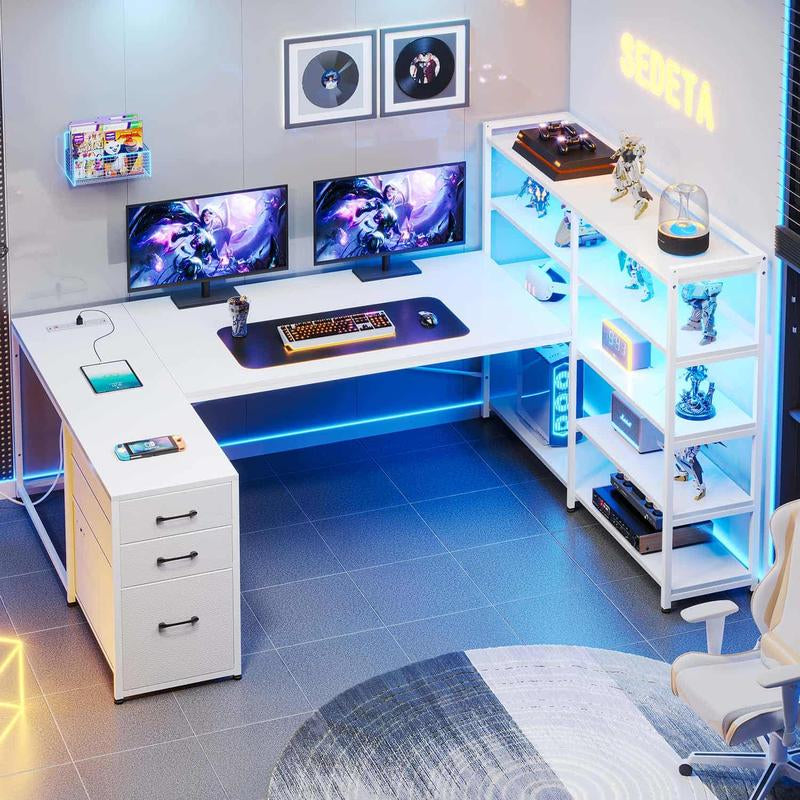 SEDETA 64.5 Inch LED L-Shaped Gaming Desk with Storage,L-Shaped Computer Desk with Storage ,Wooden Top Space-Saving Corner Desk W/Metal Frame, Large Computer Gaming PC Desk, Writing Table Study Desk for Bedroom, Study, Office Monitor Arm Adjustable