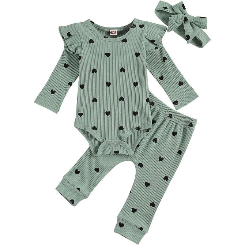 0-24M Newborn Baby Girl Cute Heart Print Crew Neck Ruffle Long Sleeve Romper + Long Pants Headband Set 3Pcs Infant Spring Fall Winter Clothes Outfits