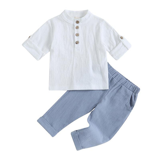 Toddler Baby Boy Clothes Cotton Linen Henley Button down Long Sleeve Shirts and Casual Pants Set Fall Spring Summer Clothing