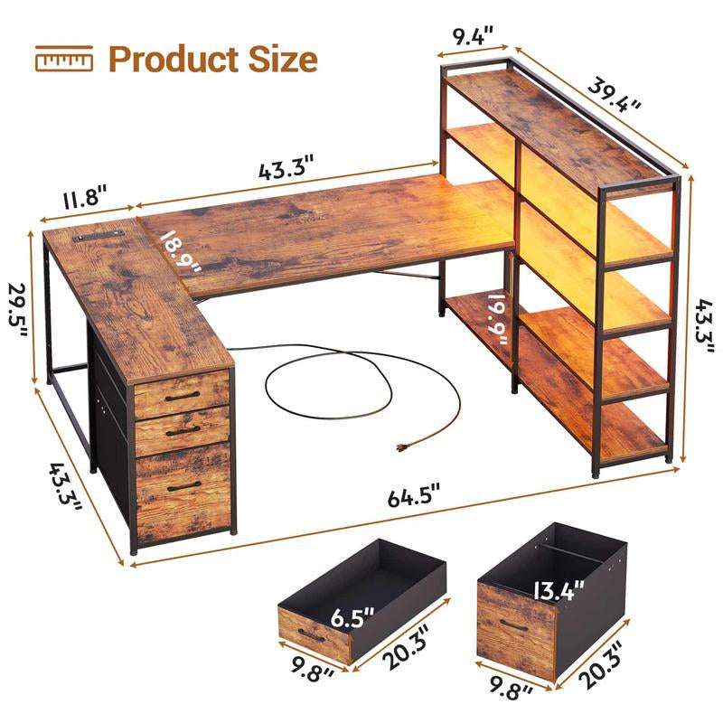 SEDETA 64.5 Inch LED L-Shaped Gaming Desk with Storage,L-Shaped Computer Desk with Storage ,Wooden Top Space-Saving Corner Desk W/Metal Frame, Large Computer Gaming PC Desk, Writing Table Study Desk for Bedroom, Study, Office Monitor Arm Adjustable
