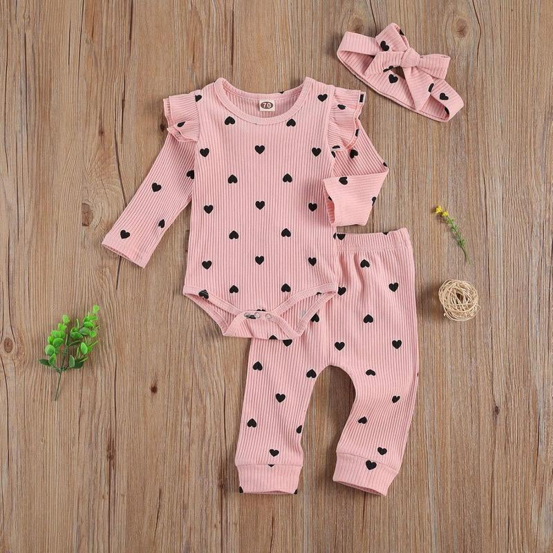 0-24M Newborn Baby Girl Cute Heart Print Crew Neck Ruffle Long Sleeve Romper + Long Pants Headband Set 3Pcs Infant Spring Fall Winter Clothes Outfits