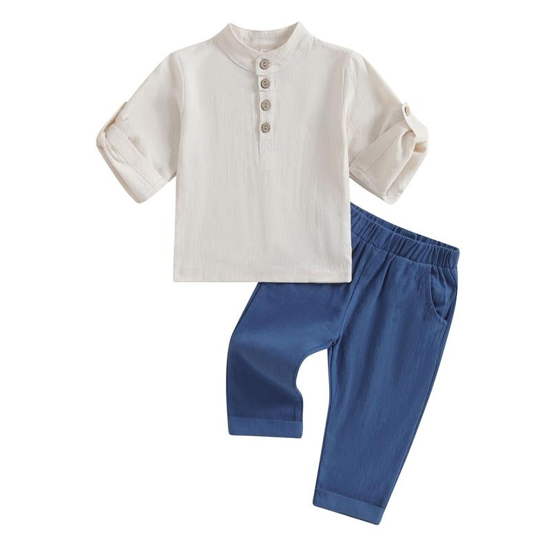 Toddler Baby Boy Clothes Cotton Linen Henley Button down Long Sleeve Shirts and Casual Pants Set Fall Spring Summer Clothing
