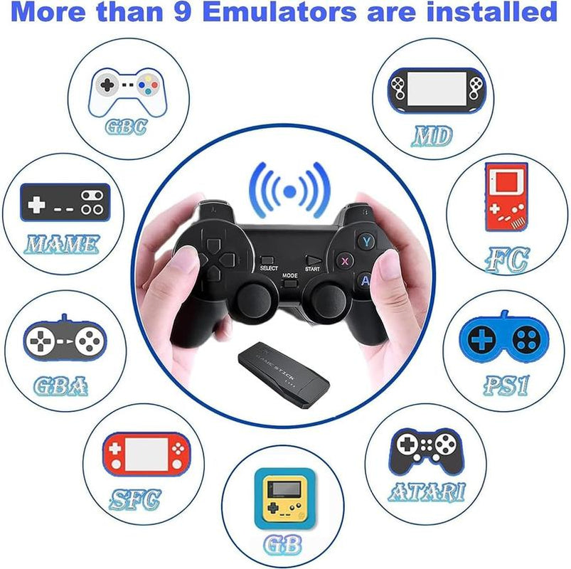 Wireless Retro Gameconsole Stick, Retro Video Gamestick Built in 2000+ Games with 9 Emulators, 4K HDMI Output with 22.4G Wireless Controllers (64GB Memory Card) Gaming Items Cable