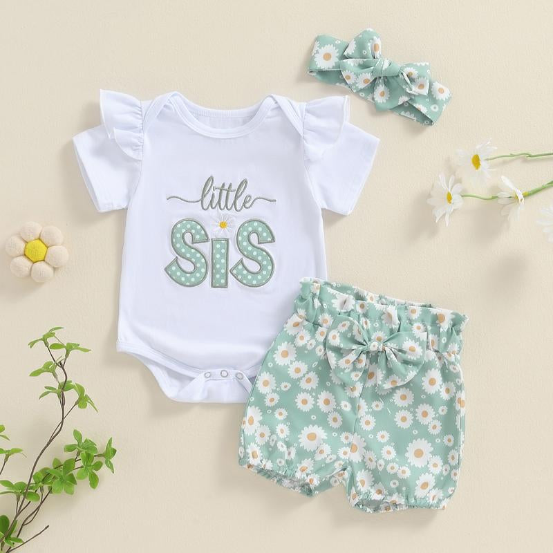 Baby Girl Summer Outfits Letter Embroidered Short Sleeve Rompers Floral Print Shorts Headband 3Pcs Clothes Set
