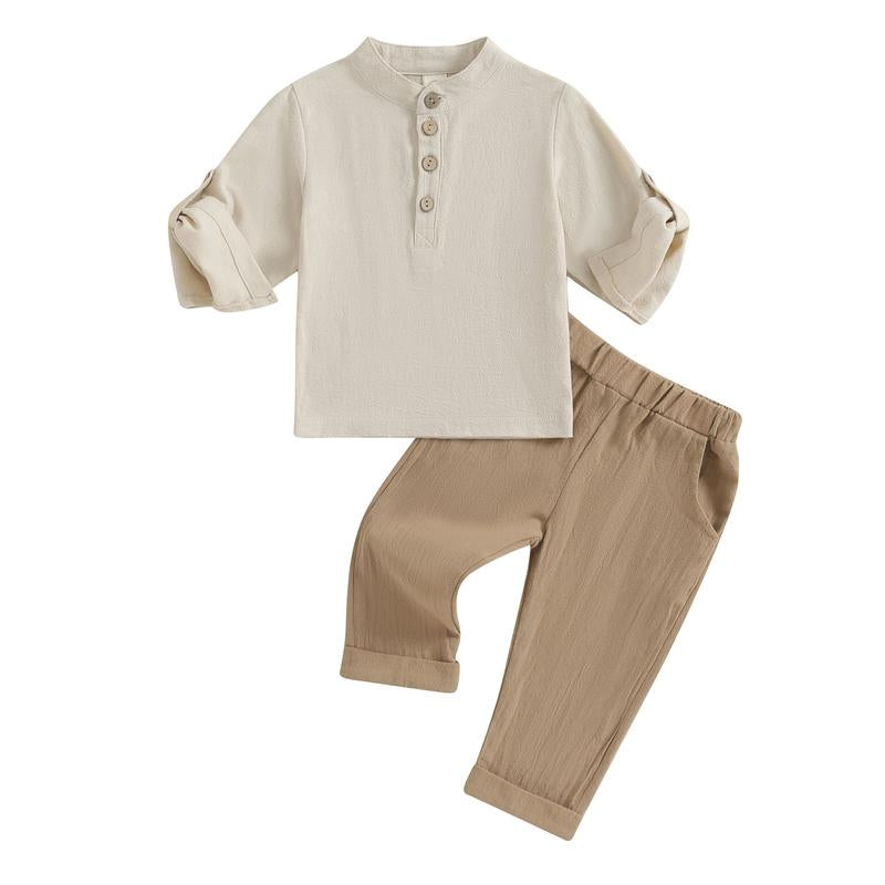 Toddler Baby Boy Clothes Cotton Linen Henley Button down Long Sleeve Shirts and Casual Pants Set Fall Spring Summer Clothing