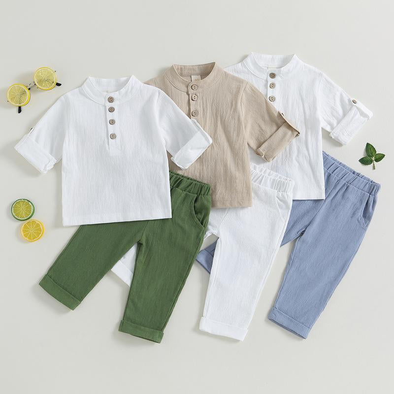 Toddler Baby Boy Clothes Cotton Linen Henley Button down Long Sleeve Shirts and Casual Pants Set Fall Spring Summer Clothing