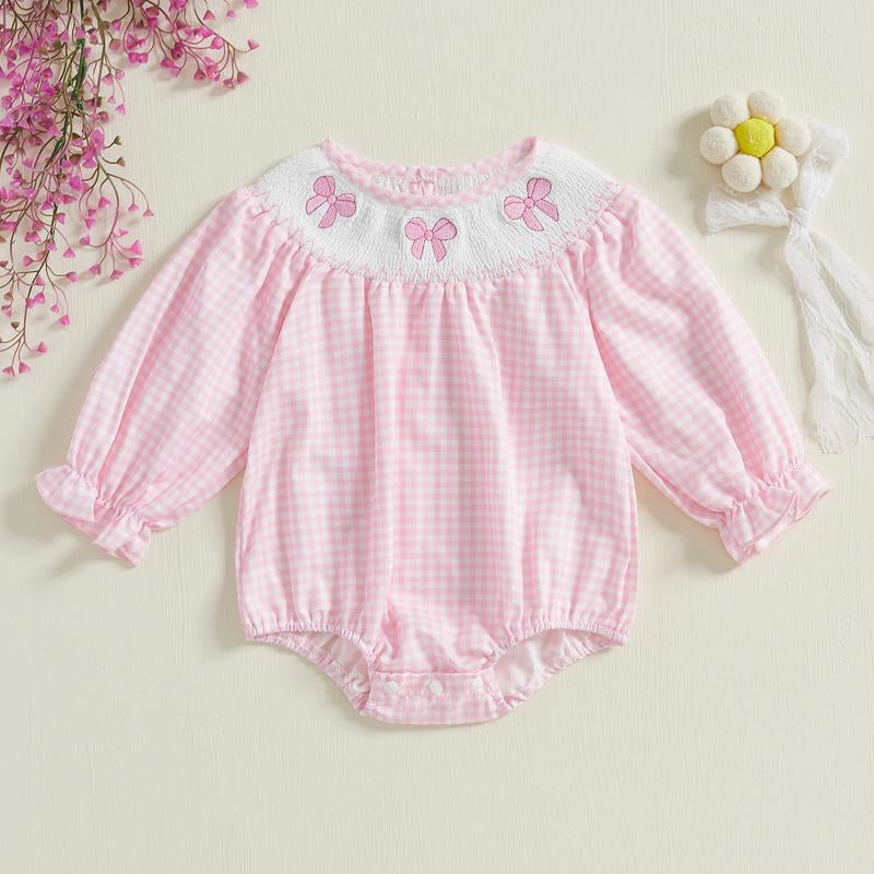 Smocked Bubble Romper Baby Girl Newborn Bow Embroidery Plaid Ruffle Long Sleeve Bodysuit Fall Clothes