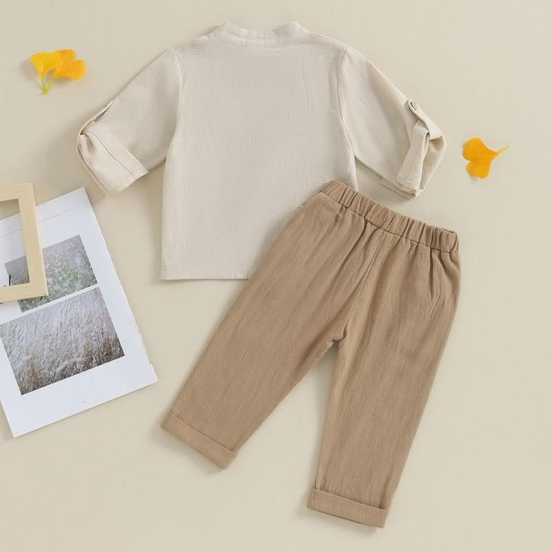 Toddler Baby Boy Clothes Cotton Linen Henley Button down Long Sleeve Shirts and Casual Pants Set Fall Spring Summer Clothing