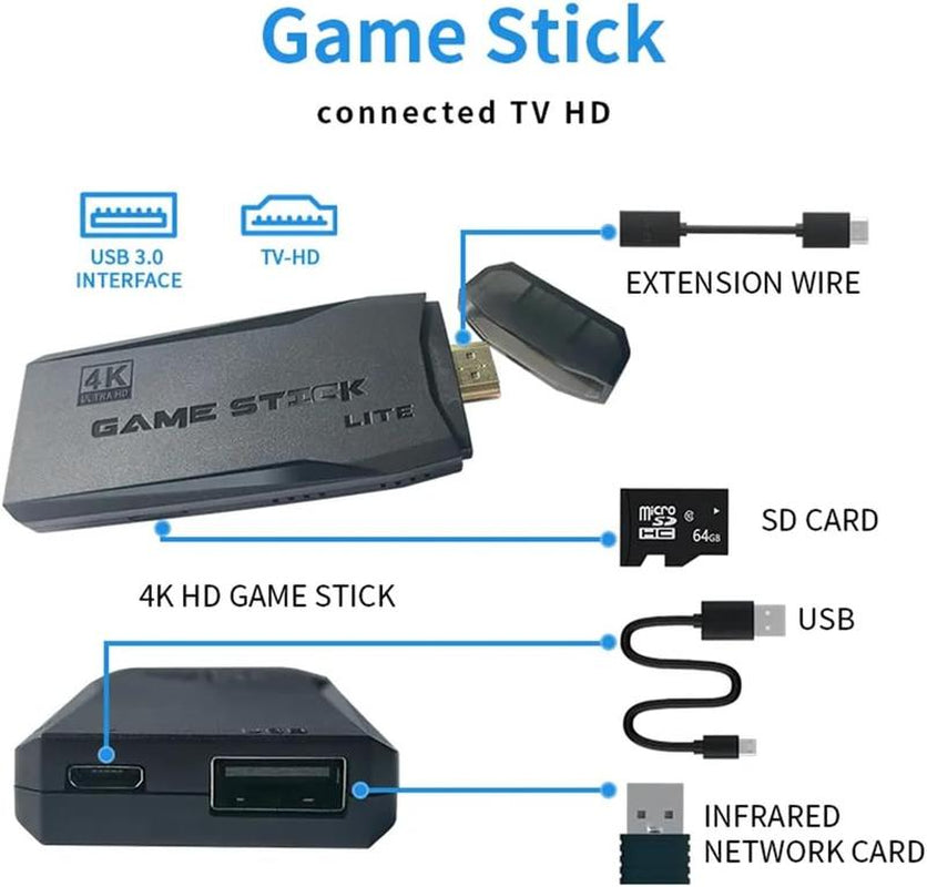 Wireless Retro Gameconsole Stick, Retro Video Gamestick Built in 2000+ Games with 9 Emulators, 4K HDMI Output with 22.4G Wireless Controllers (64GB Memory Card) Gaming Items Cable
