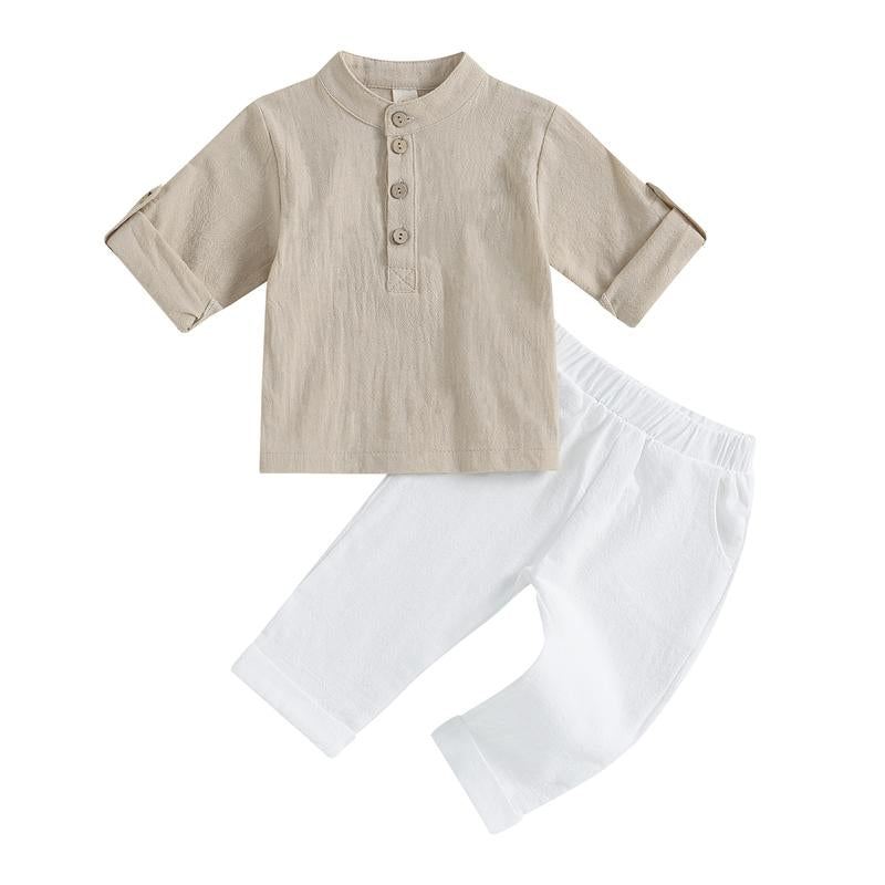Toddler Baby Boy Clothes Cotton Linen Henley Button down Long Sleeve Shirts and Casual Pants Set Fall Spring Summer Clothing