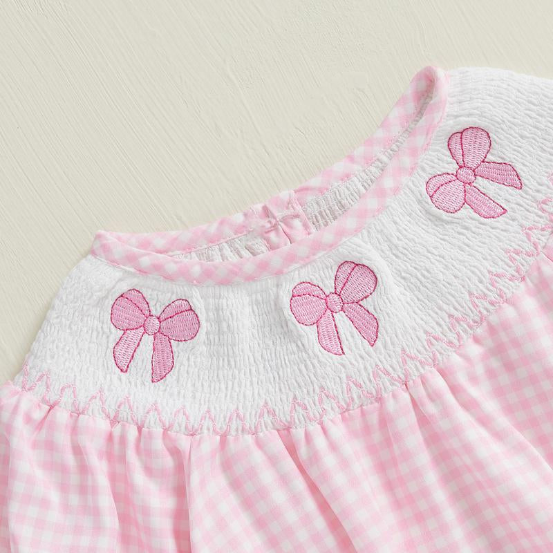 Smocked Bubble Romper Baby Girl Newborn Bow Embroidery Plaid Ruffle Long Sleeve Bodysuit Fall Clothes