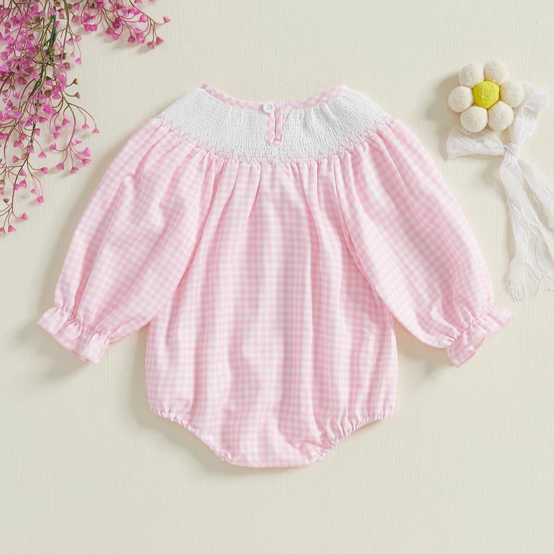Smocked Bubble Romper Baby Girl Newborn Bow Embroidery Plaid Ruffle Long Sleeve Bodysuit Fall Clothes