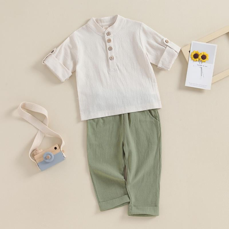 Toddler Baby Boy Clothes Cotton Linen Henley Button down Long Sleeve Shirts and Casual Pants Set Fall Spring Summer Clothing