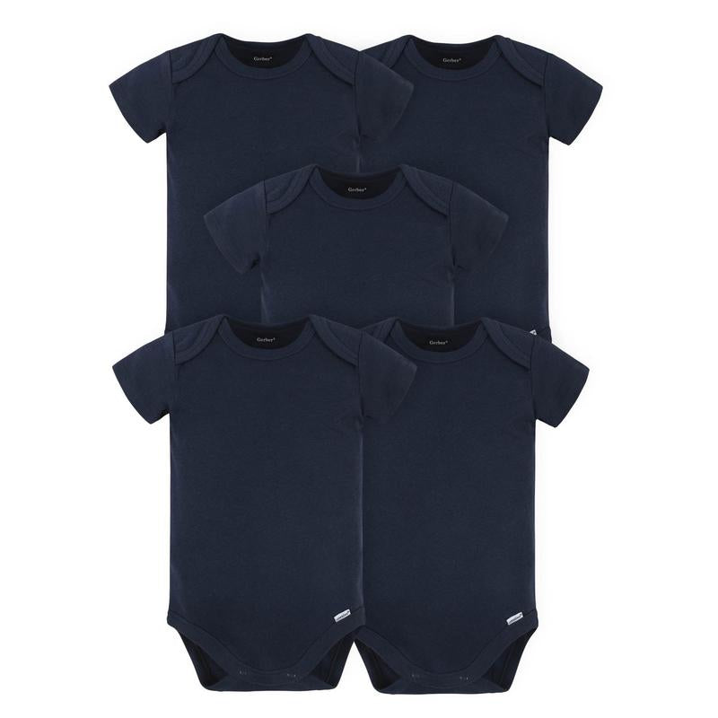 Gerber Baby Boys and Girls Onesies® Brand Short Sleeve Bodysuits, Navy, 5-Pack