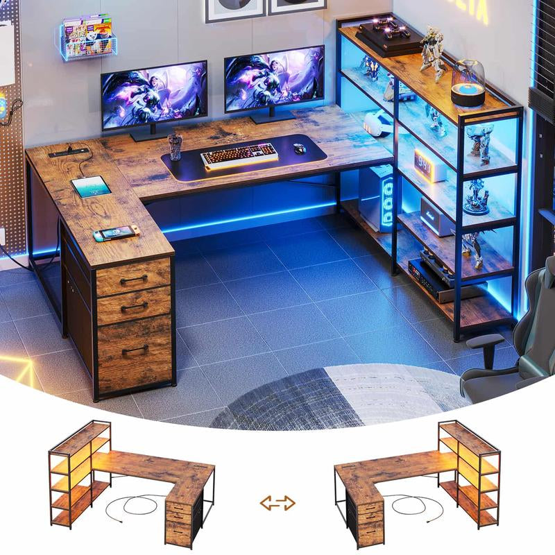SEDETA 64.5 Inch LED L-Shaped Gaming Desk with Storage,L-Shaped Computer Desk with Storage ,Wooden Top Space-Saving Corner Desk W/Metal Frame, Large Computer Gaming PC Desk, Writing Table Study Desk for Bedroom, Study, Office Monitor Arm Adjustable