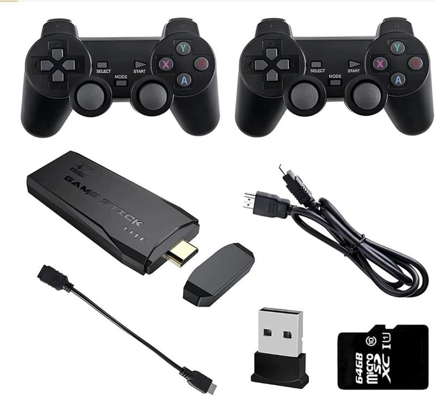 Wireless Retro Gameconsole Stick, Retro Video Gamestick Built in 2000+ Games with 9 Emulators, 4K HDMI Output with 22.4G Wireless Controllers (64GB Memory Card) Gaming Items Cable