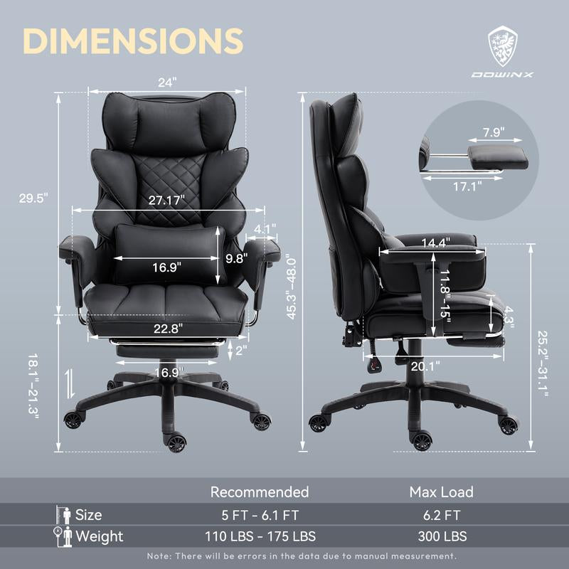 Dowinx Ergonomic Office Chair - Big & Tall Executive Desk Chair with Pocket Spring Lumbar Support, High-Back Adjustable Gaming Chair, Removable Footrest & 3D Armrests