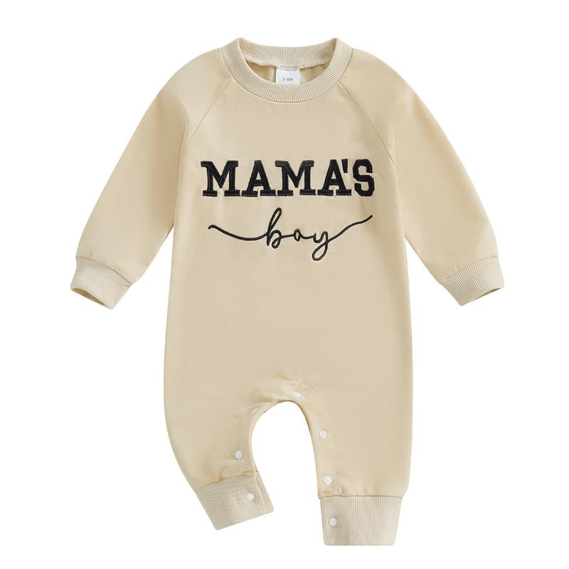Baby Boy Fall Outfit Newborn Jumpsuit Infant Mama'S Boy Long Sleeve Crewneck Letter Embroidery Romper Cute Bodysuit Clothes