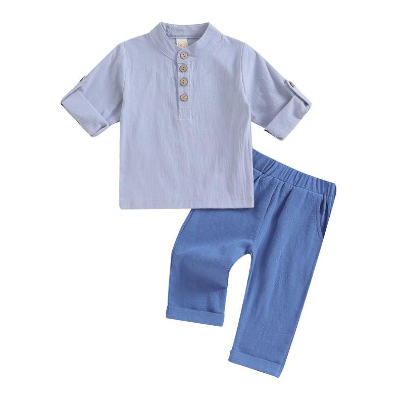 Toddler Baby Boy Clothes Cotton Linen Henley Button down Long Sleeve Shirts and Casual Pants Set Fall Spring Summer Clothing