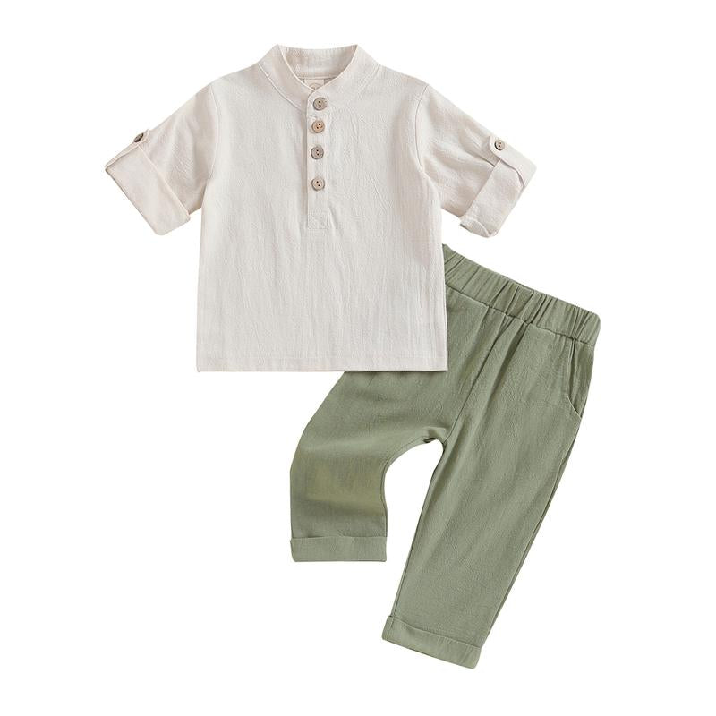 Toddler Baby Boy Clothes Cotton Linen Henley Button down Long Sleeve Shirts and Casual Pants Set Fall Spring Summer Clothing