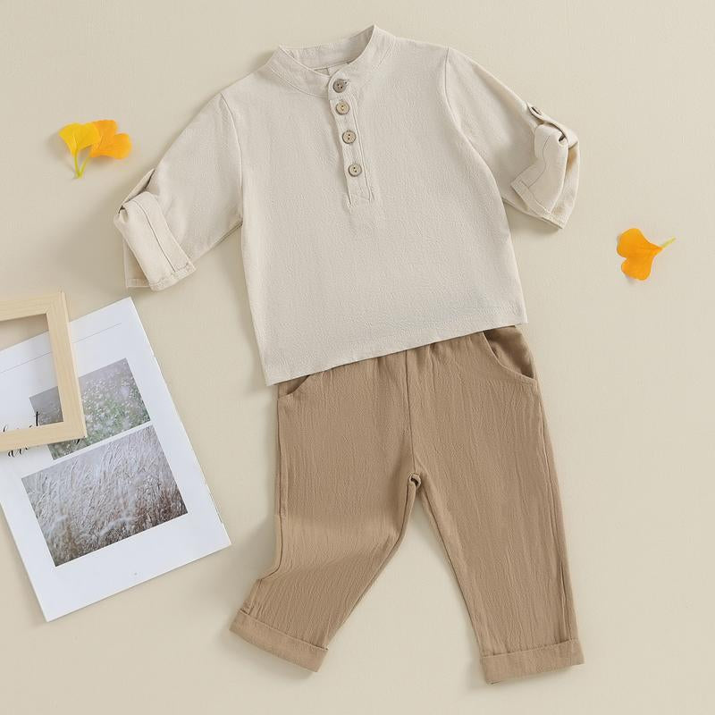 Toddler Baby Boy Clothes Cotton Linen Henley Button down Long Sleeve Shirts and Casual Pants Set Fall Spring Summer Clothing