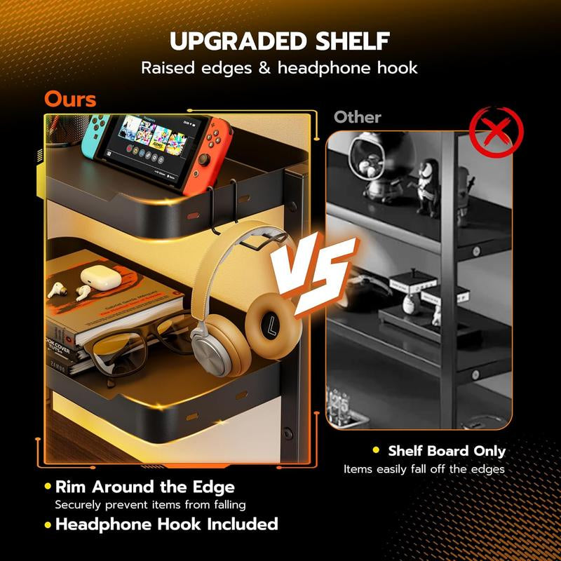 2-Tier Clamp on Desk Shelf, 16 Inch Adjustable above or under Desk Storage Shelves Holds 44 Lbs, Heavy Duty Desktop Organizer with Headphone Holder for Working and Gaming Accessories, Black