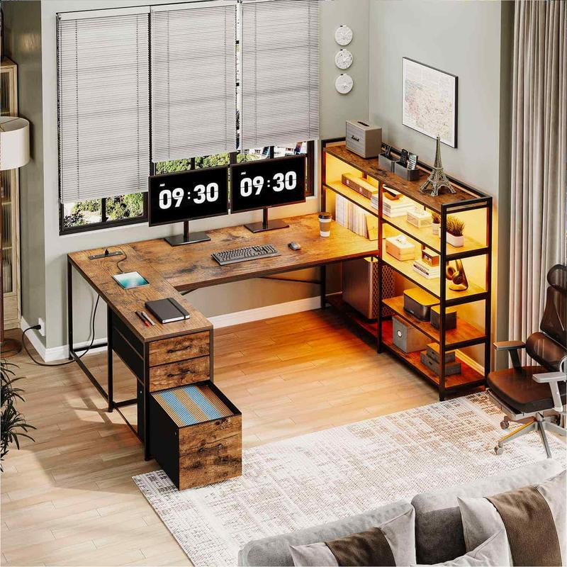 SEDETA 64.5 Inch LED L-Shaped Gaming Desk with Storage,L-Shaped Computer Desk with Storage ,Wooden Top Space-Saving Corner Desk W/Metal Frame, Large Computer Gaming PC Desk, Writing Table Study Desk for Bedroom, Study, Office Monitor Arm Adjustable